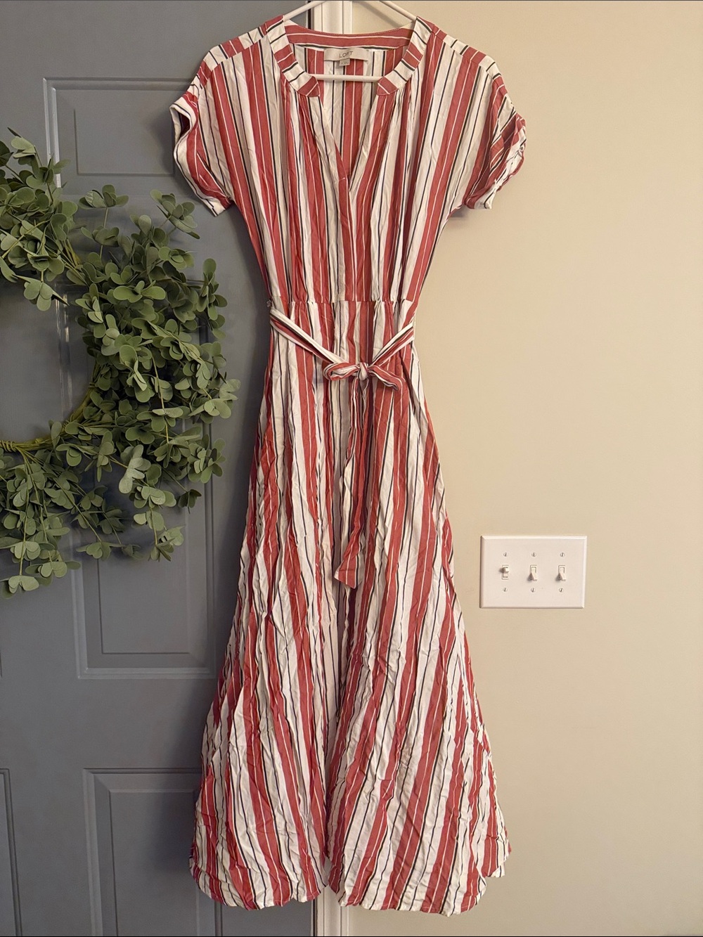 Loft Striped Red and White Tie-Waist Maxi Shirt Dress